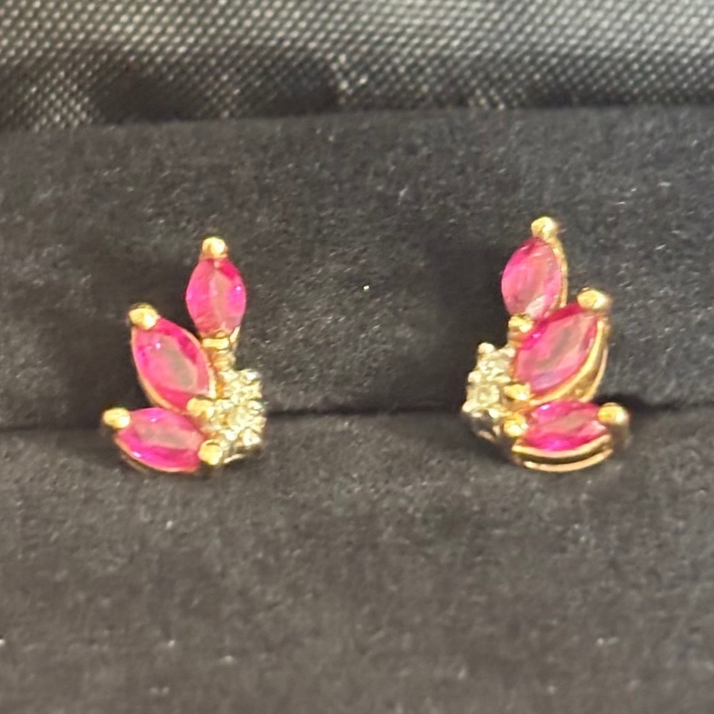 Genuine Vintage '80s 14K Gold Ruby Diamond Marquise Wing Cluster Stud Earrings